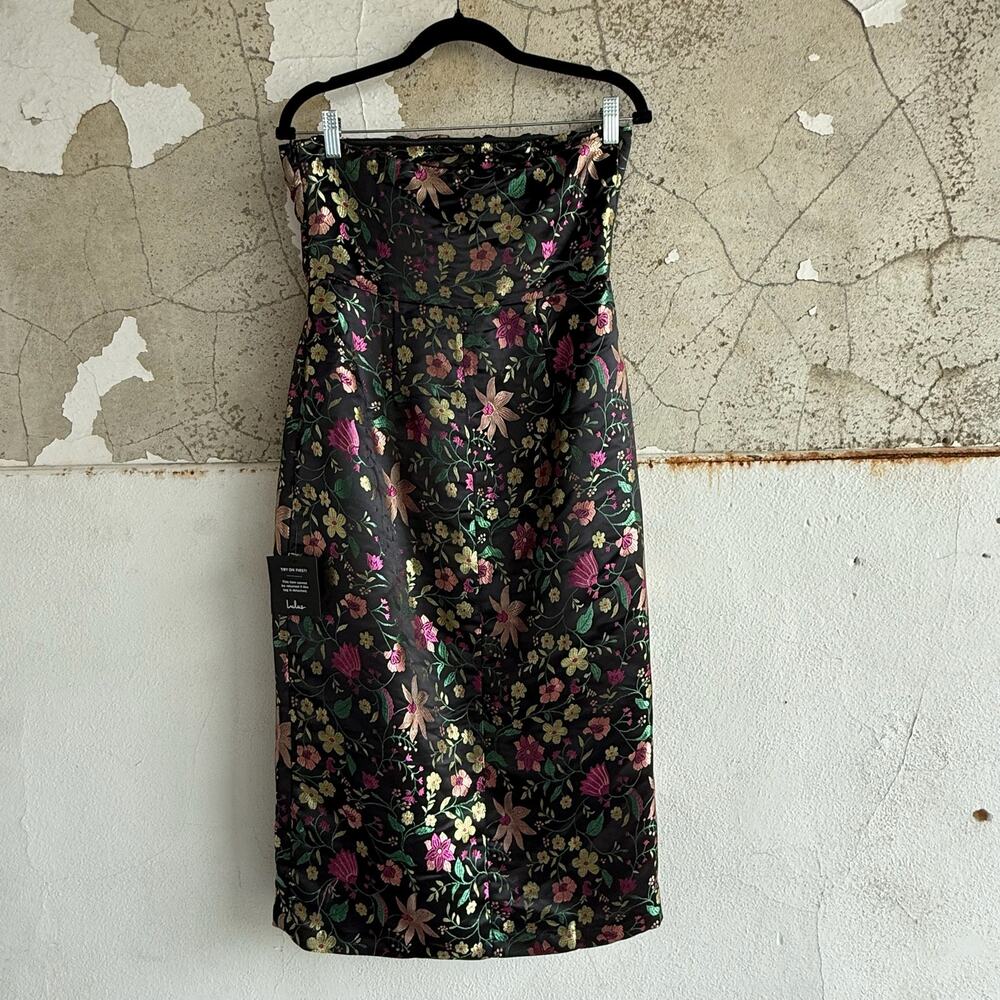 Lulus Floral Midi Dress Black Satin Strapless Jacquard Brocade Cocktail Evening - Picture 4 of 7